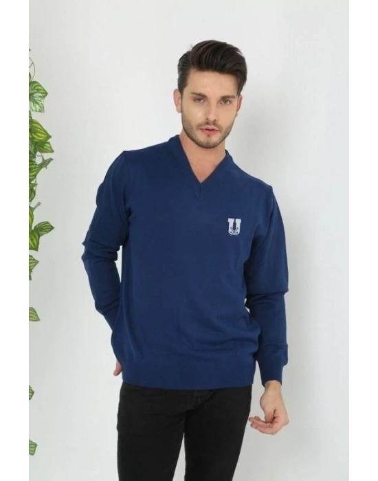 Baskılı V Yaka Uzun Kol Dokuma Triko - Indigo -