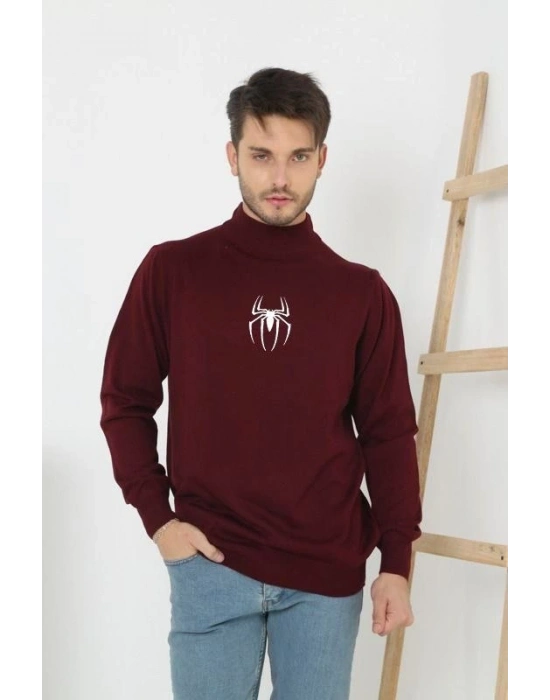 Baskılı Yarım Boğazlı Uzun Kol Dokuma Triko - Bordo