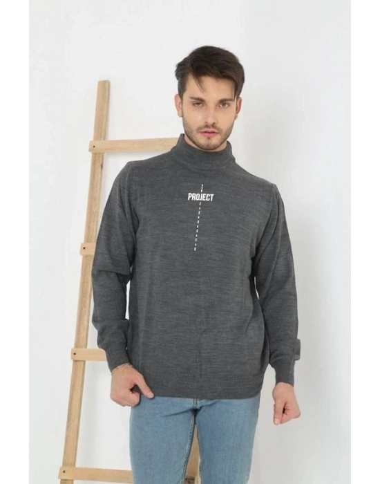 Baskılı Yarım Boğazlı Uzun Kol Dokuma Triko - Füme -