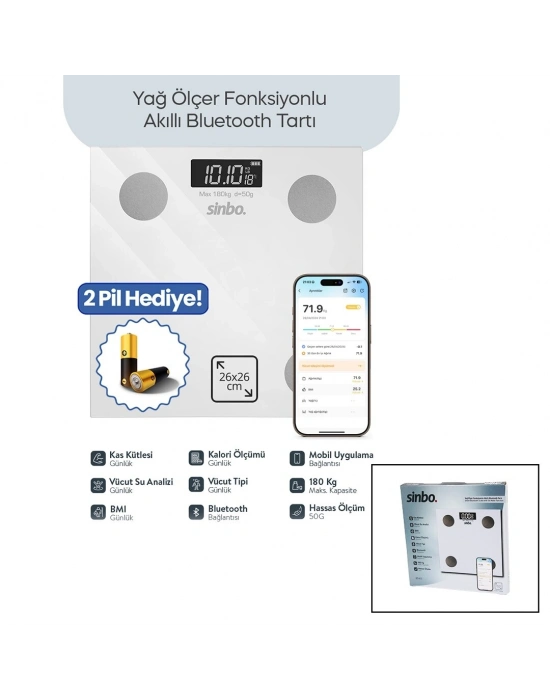 Baskül Beyaz Yağ Ölçer Akıllı Bluetooth Cam Baskül