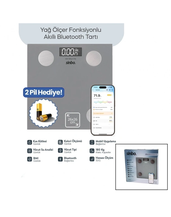 Baskül Gri Yağ Ölçer Akıllı Bluetooth Cam Baskül