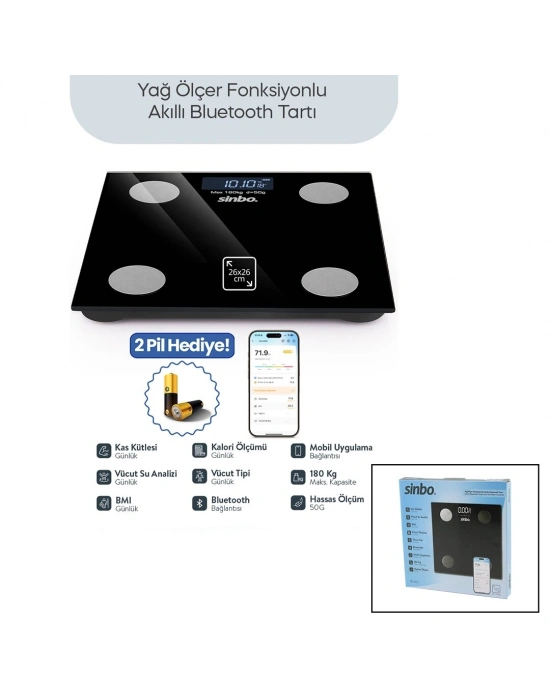 Baskül Siyah Yağ Ölçer Akıllı Bluetooth Cam Baskül