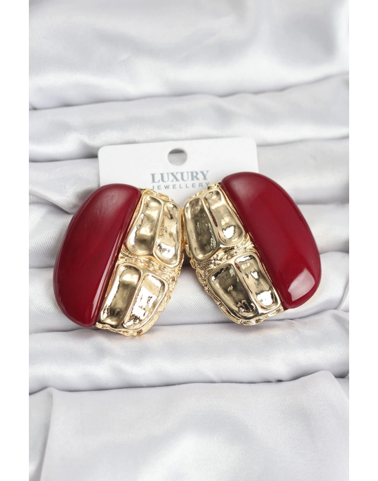 Bordo Renk Pirinç Vintage Kadın Küpe