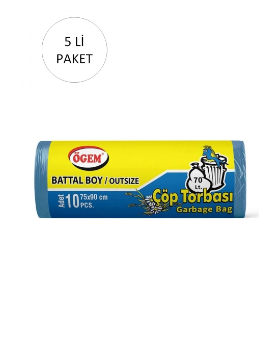 Battal Boy Çöp Torbası 75 x 90 cm 10 Lu Rulo x 5 Paket = 50 Adet (Mavi)