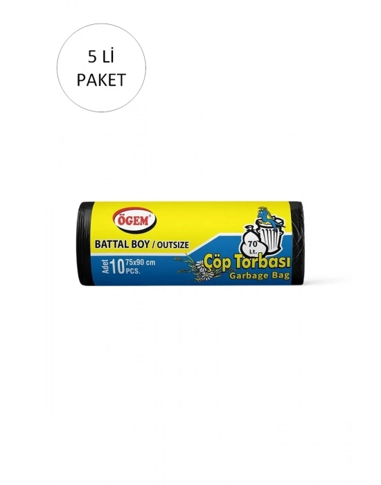Battal Boy Çöp Torbası 75 x 90 cm 10 Lu Rulo x 5 Paket = 50 Adet (Siyah)