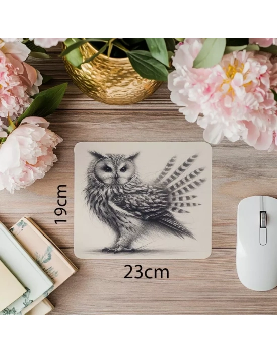 Baykuş Figürlü Karakalem Mousepad – Doğal Doku - 19x23 cm 2 mm Dikdörtgen İthal Baskılı Mouse Pad