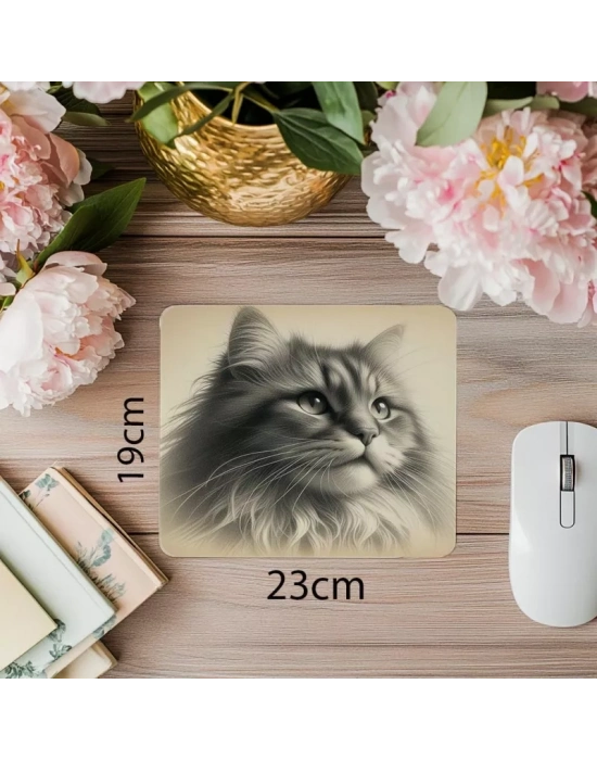 Bej Arka Planlı Karakalem Kedi Tasarımı - 19x23 cm 2 mm Dikdörtgen İthal Baskılı Mouse Pad
