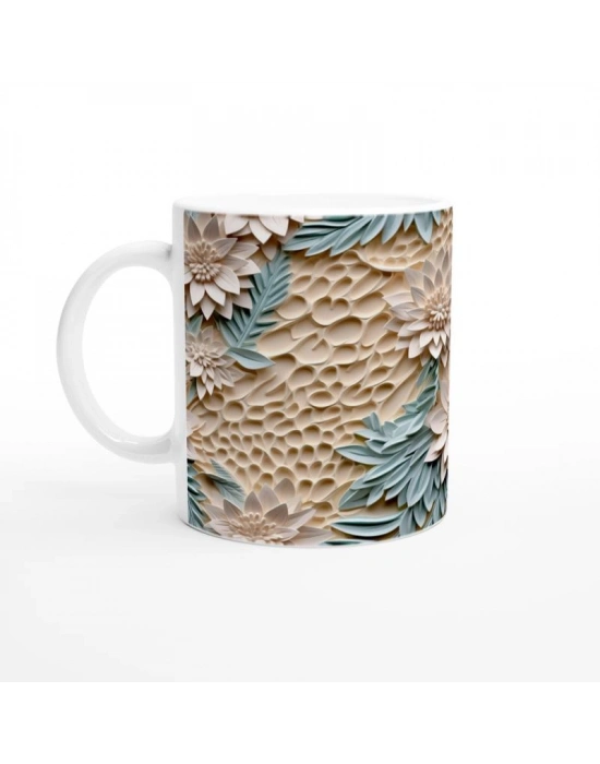 Bej Doku Üzerine Nane Yeşili Yapraklı Rölyef Çiçekli Kupa Bardak