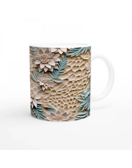 Bej Doku Üzerine Nane Yeşili Yapraklı Rölyef Çiçekli Kupa Bardak