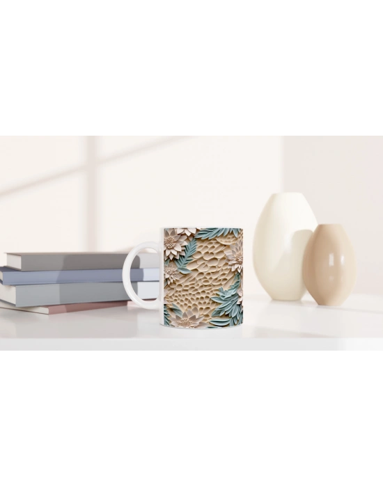 Bej Doku Üzerine Nane Yeşili Yapraklı Rölyef Çiçekli Kupa Bardak