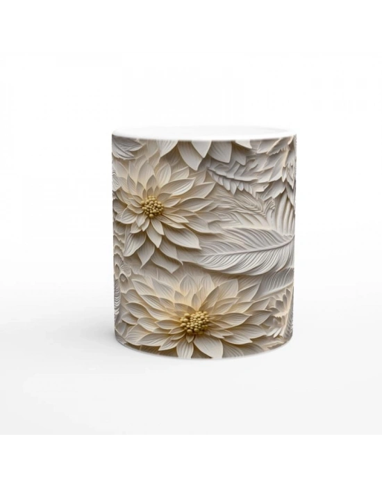 Bej Rölyef Çiçek ve Yaprak Desenli Kupa Bardak