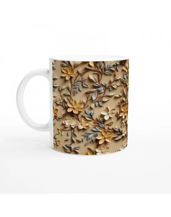 Bej Rölyef Dokulu Zarif Çiçek Desenli Kupa Bardak