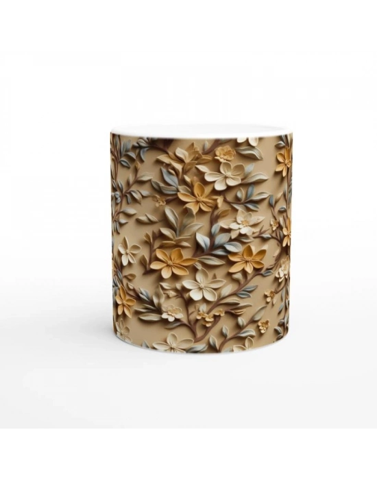 Bej Rölyef Dokulu Zarif Çiçek Desenli Kupa Bardak