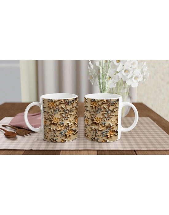 Bej Rölyef Dokulu Zarif Çiçek Desenli Kupa Bardak