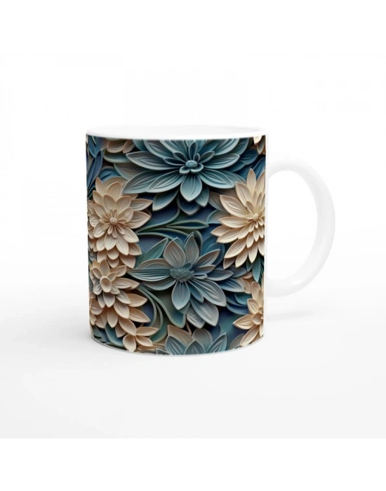 Bej ve Mavi Katmanlı Çiçekli Kupa Bardak