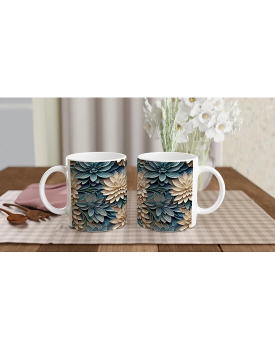 Bej ve Mavi Katmanlı Çiçekli Kupa Bardak