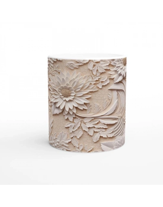 Bej Zemin Üzerine Rölyef Dantelli Çiçekli Kupa Bardak