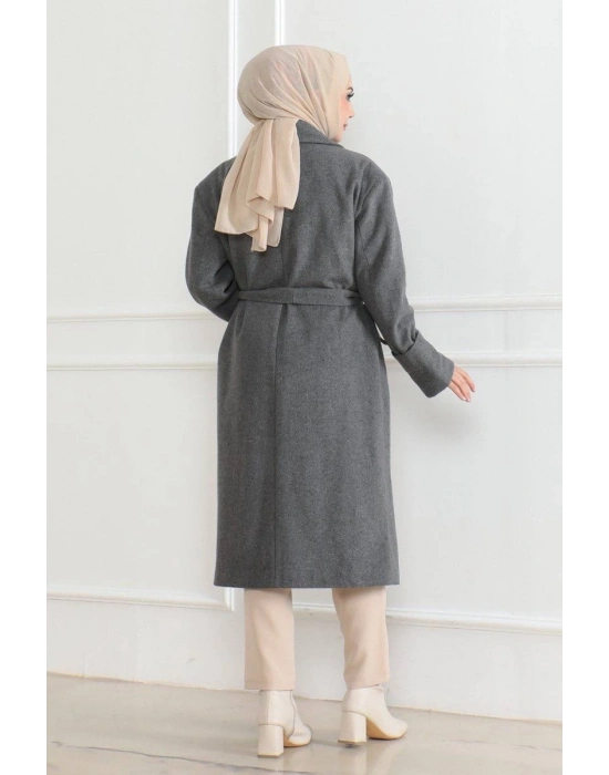 Beli Kuşaklı Yünlü Dokuma Kaşmir Kaban - Gri