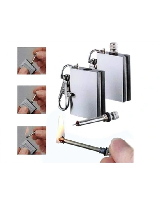 Benzinli Kibrit Çakmak Magnezyum Çubuklu Anahtarlıklı Benzinli Metal Kibrit Gümüş