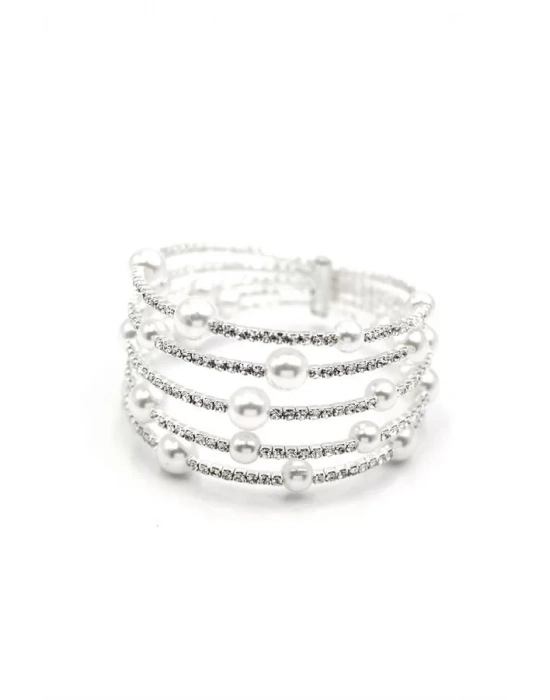 Beş Sıra İncili Su Yolu Bileklik - Gümüş