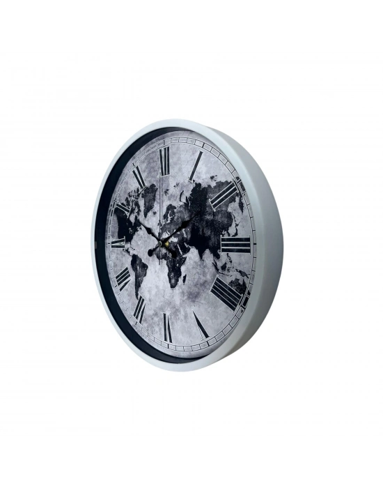 Beyaz 36 Cm Dünya Haritalı Tasarım Duvar Saati