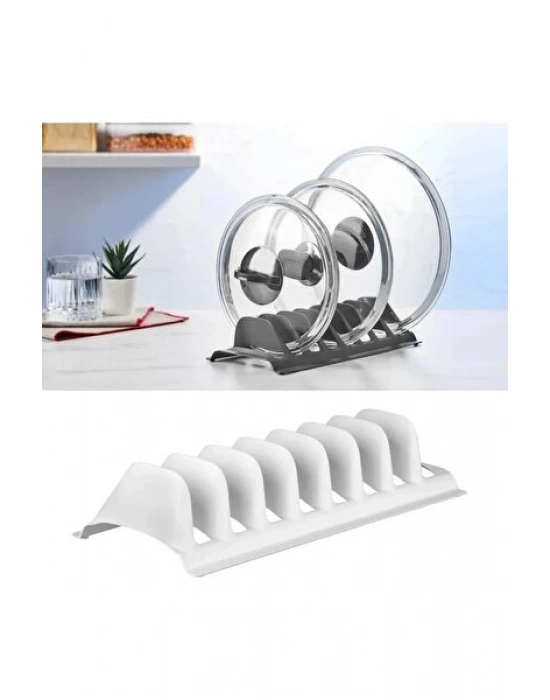 Beyaz - 8 Bölmeli Tencere Kapak Rafı - Simple Tabaklık - Kapak Organizeri