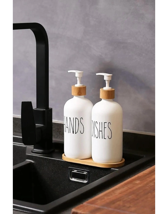 Beyaz Cam İkili Sıvı Sabunluk Seti 500 ml Bambu Altlıklı