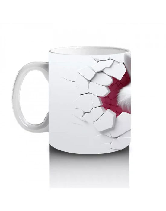 Beyaz Çatlak Zeminden Bakan Pembe Gözlü Kurt - Baskılı kahve kupası