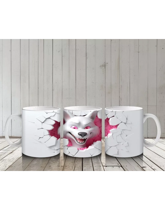 Beyaz Çatlak Zeminden Bakan Pembe Gözlü Kurt - Baskılı kahve kupası
