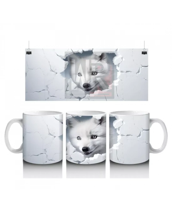 Beyaz Çatlaklı Fon Üzerinde Tilki Yavrusu – Baskılı Kahve Kupası