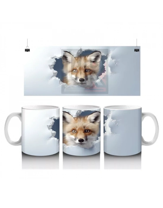 Beyaz Çatlaklı Zeminde Tilki Figürü – Baskılı Kahve Kupası