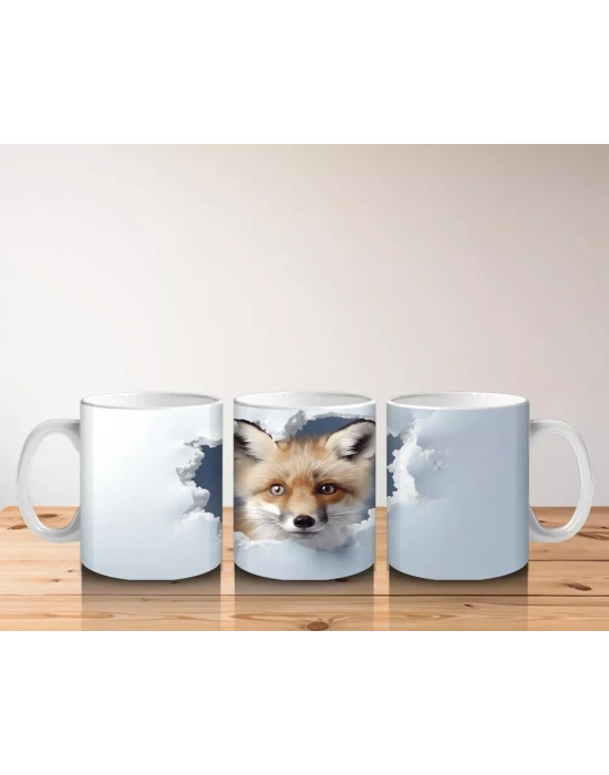 Beyaz Çatlaklı Zeminde Tilki Figürü – Baskılı Kahve Kupası