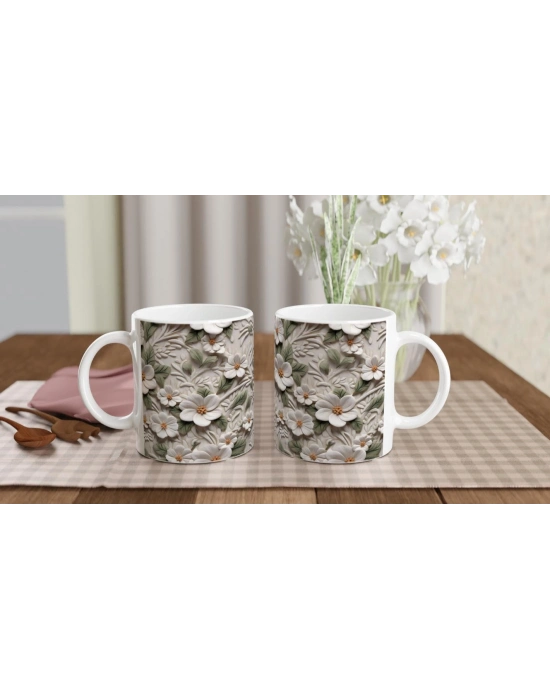 Beyaz Çiçek Bahçesi Rölyef Kupa Bardak