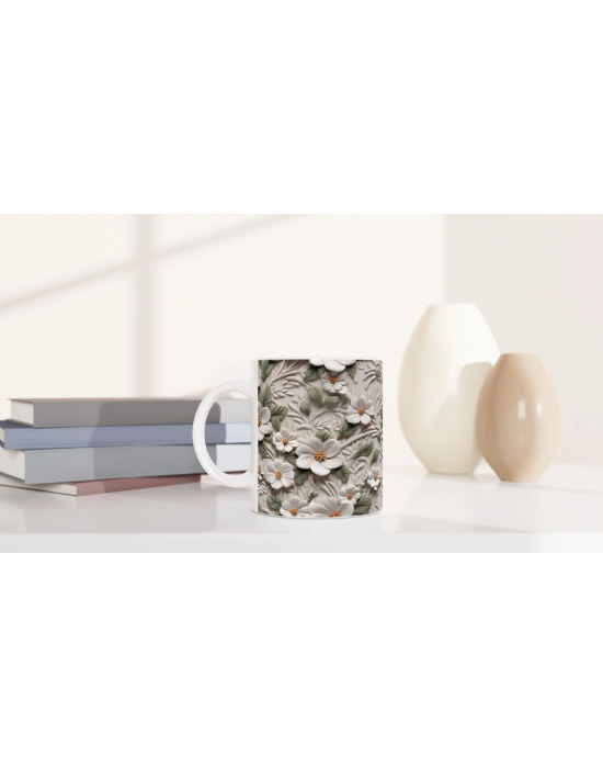 Beyaz Çiçek Bahçesi Rölyef Kupa Bardak