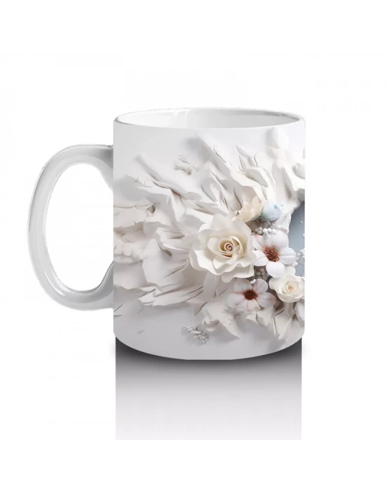 Beyaz Çiçekler Arasında Asil Geyik - Baskılı Kahve Kupası