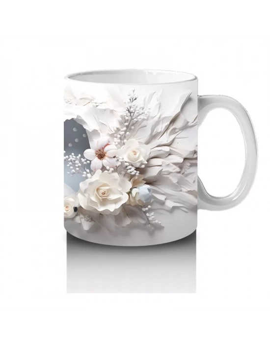 Beyaz Çiçekler Arasında Asil Geyik - Baskılı Kahve Kupası
