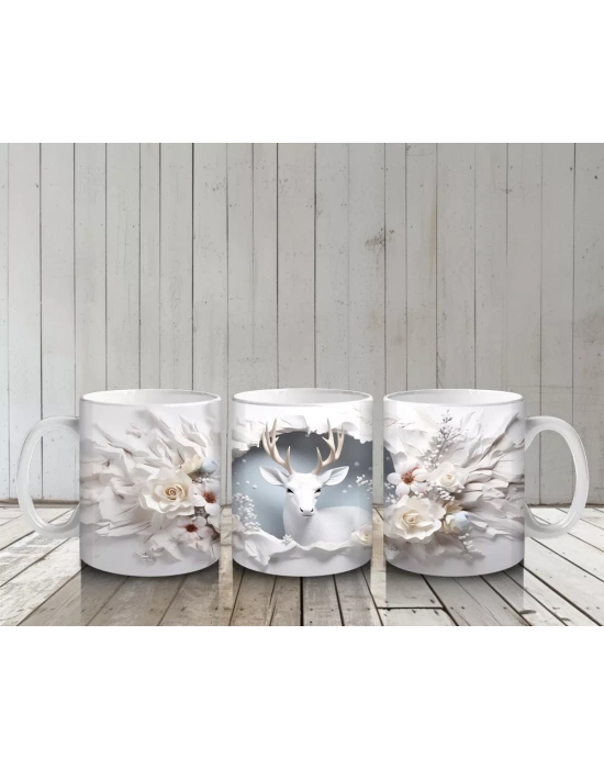 Beyaz Çiçekler Arasında Asil Geyik - Baskılı Kahve Kupası