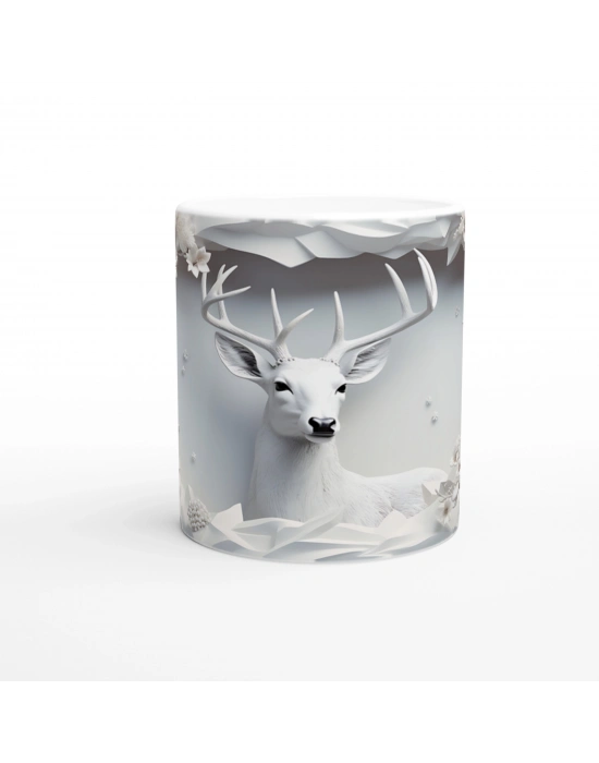 Beyaz Çiçekler Arasında Asil Geyik Desenli Baskılı Kupa Bardak