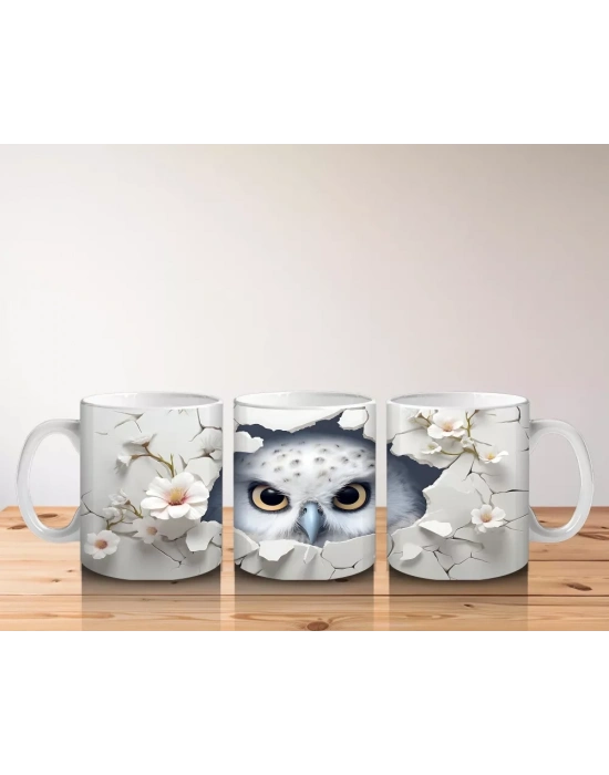 Beyaz Çiçekler Arasında Bakan Bilge Baykuş – Baskılı Kahve Kupası