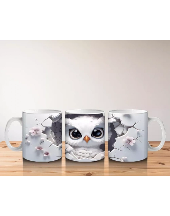 Beyaz Çiçekler Arasında Bakan Bilge Baykuş – Baskılı Kahve Kupası