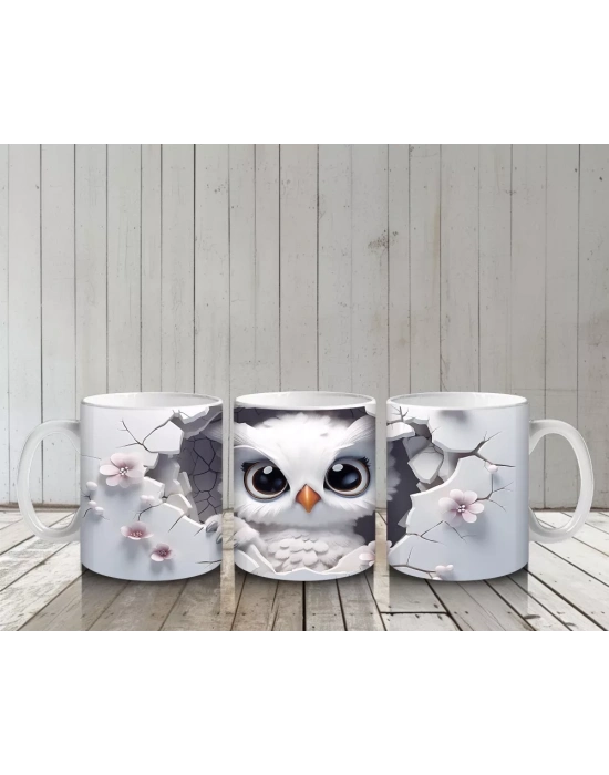 Beyaz Çiçekler Arasında Bakan Bilge Baykuş – Baskılı Kahve Kupası