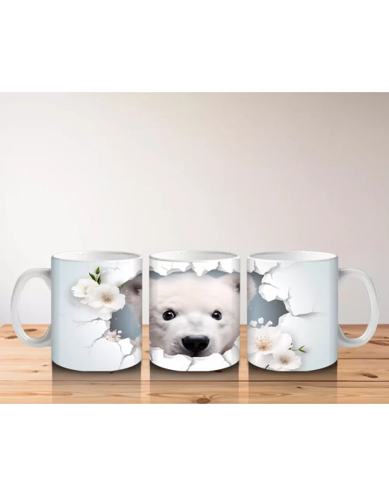 Beyaz Çiçekler Arasında Bakan Kutup Ayısı – Baskılı Kahve Kupası