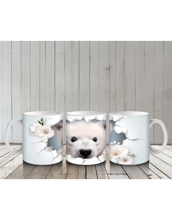 Beyaz Çiçekler Arasında Bakan Kutup Ayısı – Baskılı Kahve Kupası