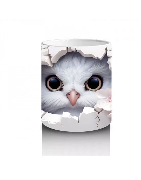 Beyaz Çiçekler Arasında Bakan Sevimli Baykuş Yüzü - Baskılı kahve kupası