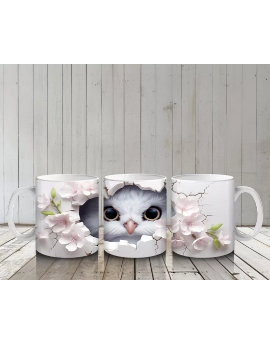 Beyaz Çiçekler Arasında Bakan Sevimli Baykuş Yüzü - Baskılı kahve kupası