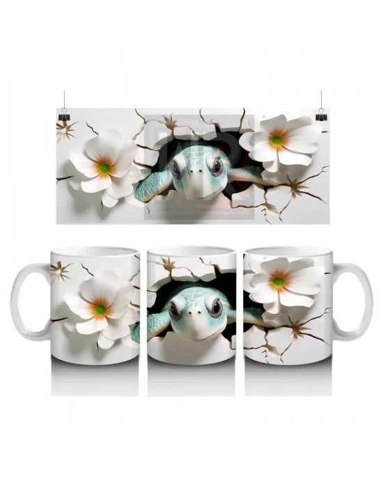 Beyaz Çiçekler Arasında Bakan Sevimli Kaplumbağa – Baskılı Kahve Kupası