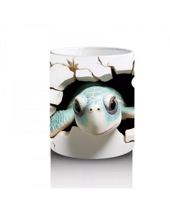 Beyaz Çiçekler Arasında Bakan Sevimli Kaplumbağa – Baskılı Kahve Kupası