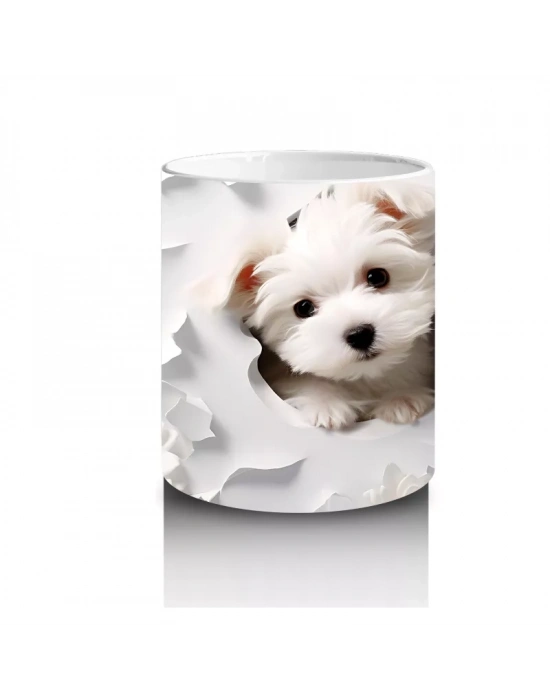 Beyaz Çiçekler Arasında Bakan Sevimli Köpek – Baskılı Kahve Kupası