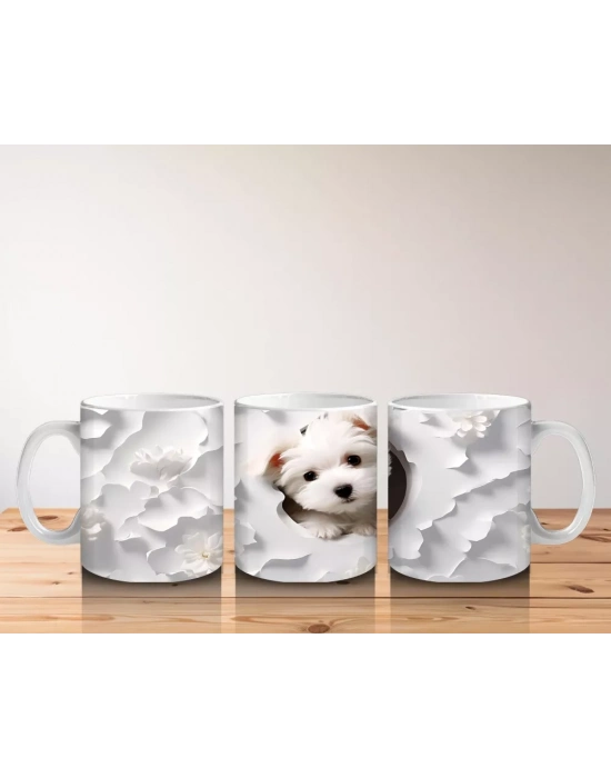 Beyaz Çiçekler Arasında Bakan Sevimli Köpek – Baskılı Kahve Kupası