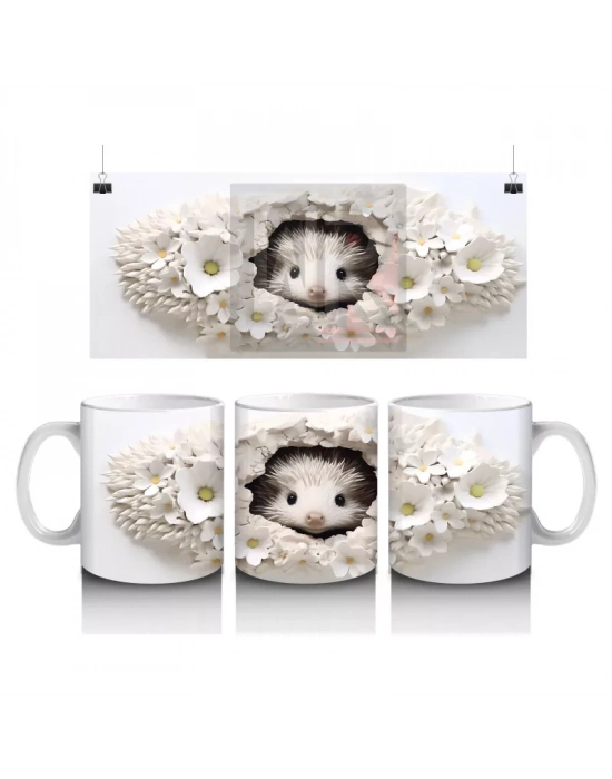 Beyaz Çiçekler Arasında Bakan Tatlı Kirpi – Baskılı Kahve Kupası